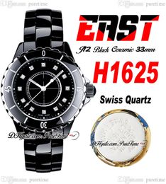 EAST J13 33mm H1625 Swiss Quartz Ladies Watch Korea Ceramic Black Dial Diamonds Markers Ceramics Bracelet Super Edition Womens Watches Puretime