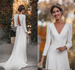 Long Sleeve Crepe Wedding Dress Modern Bohemian Elegant V Neck Open Back Front Split Beach Temple Bridal Gowns