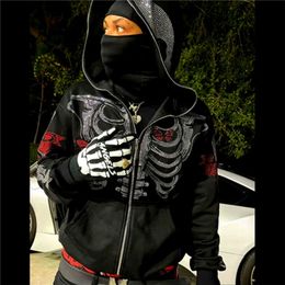 Zip Hoodie Herren Y2K Kleidung Hoodie Mode Hoodies Goth Strass Schmetterling Skelett Print Langarm Sweatshirt Übergroßes Top 220819