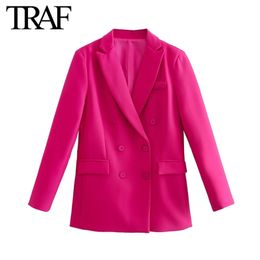 TRAF Women Clothing Spring Autumn Double Breasted Clamshell Pocket Pink Blazers Chic Office Ladies Jacket Coats 220819