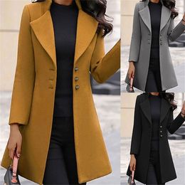 Women Long Sleeve Woolen Coat Lapel Solid Color Jacket Korean Version Fall Fashion Cardigan 220819