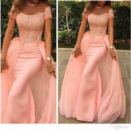 Designer Pink Prom Dresses Sheath Short Sleeves With Overskirt Floor Length Beaded Custom Made Evening Gown Formal Ocn Wear Vestidos