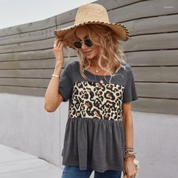 Women's T-Shirt Summer 2022 Patchwork Leopard Print Top Mujer Gray Folds Short Sleeve Tees Casual O-neck Loose Waist Women Tshirts