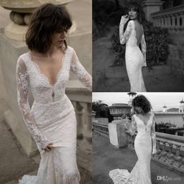 2022 Gorgeous Lace Mermaid Wedding Dresses Bridal Gown Applique Long Sleeves Plunging V Neck Sweep Train Backless Custom Made Beach Country Boho Vestidos De