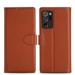 Magnetic Folio Genuine Lychee Grain Leather Phone Case for iPhone 14 13 12 Mini 11 Pro Max XR Samsung Galaxy Note20 Ultra Note10 Dual Card Slots Wallet Kickstand Shell