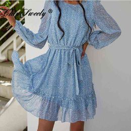 Dots Print Ruffled O-Neck Summer Dress Women Elegant Long Sleeve Sashes Female Chiffon Dresses Beach Spring Mid Ladies Clothes T220819