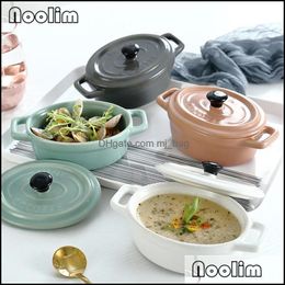 Bowls Nordic Ceramic Matte Binaural Salad Dessert Bowl With Lid Porcelain Birds Nest Oven Waterproof Stewing Pot Tableware Drop Mjbag Dhgrk