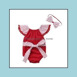 Rompers Ins Summer Infant Baby Girls Kids Dots Sleeve Onesies Toddlders Climb Clothing Children Overalls With Bowknot Headband Mxhome Dhxbo