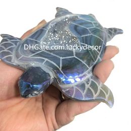 Rainbow Aura Titanium Coated Geode Agate Sea Turtle Skull Crafts Healing Druzy Quartz Tortoise Sculpture Crystal Carving Stone Rock Animal Mineral Specimen 9-13cm