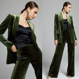 Autumn Leisure Loose Women Pants Suit Green Velvet Ladies Business Formal Evening Party Gowns One Button Work Wear For Wedding 2 pcs