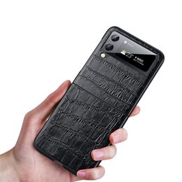 Folding Genuine Crocodile Pattern Leather Phone Case for Samsung Galaxy Z Flip3 Flip4 5G Durable Alligator Grain Business Protective Shell Shockproof