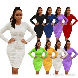 3XL Autumn Midi Bodycon Dress For Women Sexy Pleated Party Dresses Casual Long Sleeve Vestidos Ladies Plus Size Skirt