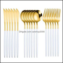 Dinnerware Sets Stainless Steel Cutlery Set Gold Tableware Dinner Spoon Fork Knife Dish Kitchen White Drop Delivery 2021 Carshop2006 Dhmk1