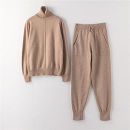 Women's Tracksuits Autumn Spring Women 2 Pieces Set Knitted Tracksuit Turtleneck Sweater Top Pants Outwear Suit