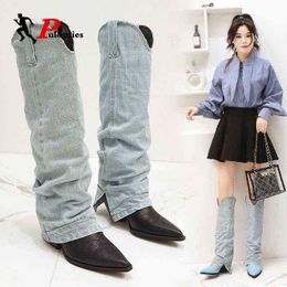 Boot Jean Boots Women's Knee High Pu Leather Women Shoes Pointed Toe Fashion Heel Woman Sexy Denim Long 1203