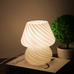 Glass LED Desk Lamp Vintage Night Light Vintage Night Light Striped Glass Mushroom Table Lamp