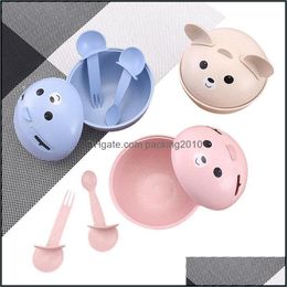 Bowls Cartoon Animal Children Bowl Baby Rice Soup Spoon Fork Tableware Set Kitchen Utensil Container Salad Fruit Drop Del Packing2010 Dhnam