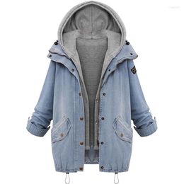 Women's Jackets Hooded Drawstring Boyfriend Trends Pockets Two Piece Coat 2022 Blue Long Sleeve Single Breasted Denim Jacket Outwear