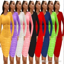 3XL Autumn Midi Bodycon Dress For Women Sexy Pleated Party Dresses Casual Long Sleeve Vestidos Ladies Plus Size Clothing