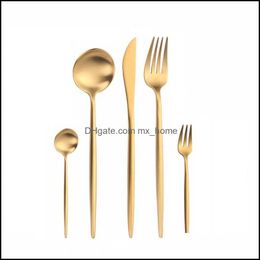 Flatware Sets 5Pcs Gold Matte Cutlery Set 304 Stainless Steel Dinnerware Tableware Butter Knife Salad Fork Teaspoon Kitchen Dr Mxhome Dh1Gv