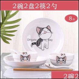 Bowls 8Pcs Japanese And Plates Spoons Chopsticks Ramen Noodles Ceramic Bowl Set Rice Dinnerware Drop Delivery 2021 Home Garden Mjbag Dhp0I