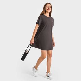 NWT LU-05 Naked Yoga T-shirt Dress Summer Women Tennis One-Piece Underdress Sports Breathable Elastic Fitness Outdoor Petticoat Gym Sportswear