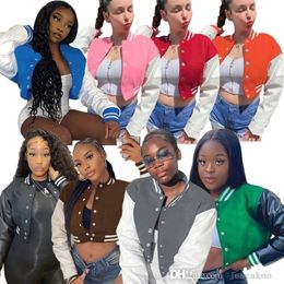 Designer Leather Jacket Women Varsity Baseball Jackets Long Sleeve Button Splicing Coat Fashion Streetwear Crop Top