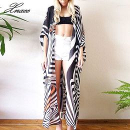 Loose Black White Strip Printed Blouse Tops Women Casual Vintage Cardigan Ladies 2022 Summer Long Crochet Chiffon Women's Blouses & Shirts