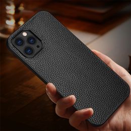 Genuine Lychee Pattern Leather Phone Case for iPhone 14 13 12 Mini 11 Pro Max XR XS 7 8 Plus Slim Full Protective Soft Bumper Anti-slip Solid Color Business Shell