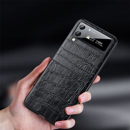 Folding Genuine Alligator Pattern Leather Phone Case for Samsung Galaxy Z Flip3 Flip4 5G Sturdy Crocodile Print Business Protective Shell Anti-fall