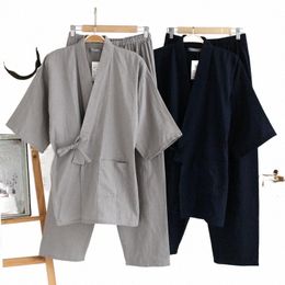 traditional japanese clothing NZ - ethnic Clothing Men Traditional Japanese Pajamas Set Cotton Robe Pants Kimono Haori Yukata Nightgown Japan Style Soft Gown Sleepwear Obi Out f7l0#
