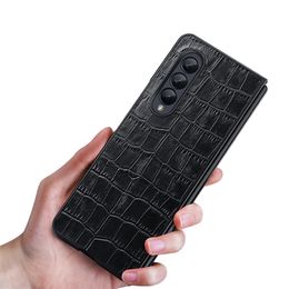 Folding Genuine Crocodile Print Leather Phone Case for Samsung Galaxy Z Fold3 Fold4 5G Sturdy Alligator Pattern Business Protective Shell Anti-fall