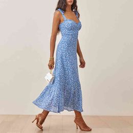 Summer Dresses For Women 2021 Elegant Ruffle Hem Floral Chiffon Midi Dress Frill Edge Sweetheart Neck Strap Tie Sexy Slip Dress T220819