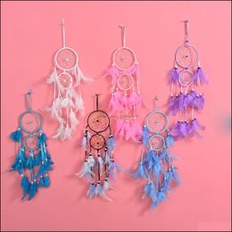 Other Home Decor Double Ring Dream Catcher Pink Circle Feather With Bead Dreamcatcher Wall Hanging Car Decoration Craft Masc Yydhhome Dh1Rd