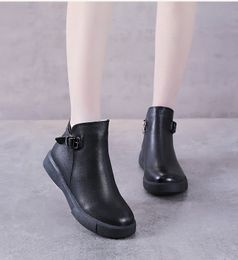 New black Leather Ankle Chelsea Boots shoes platform slip-on round Flat booties chunky half boot High top shoes for women Thick heeled Knight