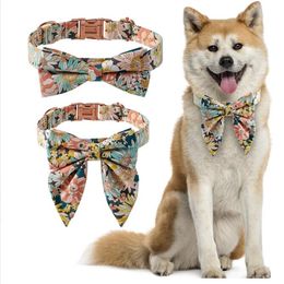 Floral Dog Collars with Bow Tie Adjustable Cute Flower Dog Collar with Metal Buckle for Female or Male Puppy Small Medium Large Dogs and Cats