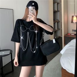 Summer 2022 Fashion O-Neck Women Glasses T Shirt Short Sleeve Beading Korean Clothes Tee Femme Women's T-Shirt