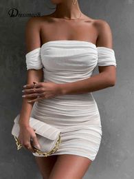Vestido de vestido de malha fora do ombro vestidos brancos para mulheres ziper sem costas Sexy ruched bosycon vestido fêmea vestidos de verão 2022 T220819