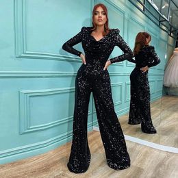 Modest Black Jumpsuit Prom Dresses 2023 Sexy V Neck Long Sleeve Sequin Outfit Special Occasion Gown Bodysuit Vestidos De Novia