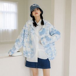 Women's Jackets Autumn Vintage Tie Dye Gradient Blue Denim Coat Women Casual Lapel Long Sleeve Female Jeans Jacket Streetwear Jaquetas Femin