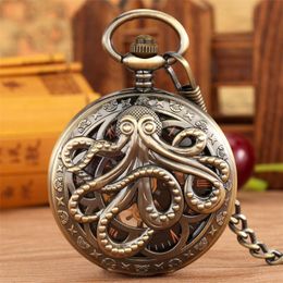 Pocket Watches Octopus Pattern Mechanical Hand-Winding Watch Rose Gold Roman Numerals Dial Transparent Skeleton Manual Pendant ClockPocket