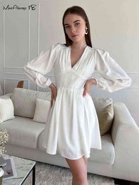 Mnealways18 Elegant Chiffon Dress Women Flowing Lantern Sleeves Ruched Dress Fashion Office Ladies White Dress Autumn 2022 Style T220819