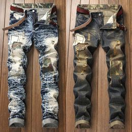 Men's Jeans Mens Retro Distressed Denim Pants Ripped Tie-dyed Slimming Hole Patched Casual PantsMen's