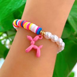 Pink Balloon Dog Surpretes de fios de p￩rolas assim￩tricos para mulheres argila argila Bread Bracelet Puppy Cartoon Hand Chain Y2K Boho J￳ias