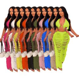 Women's Swimwear Fashion Solid Color Hanging Neck Bikini Fringed Hollow Out Knitted Beach Pants SetWomen's