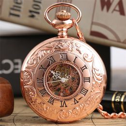 Pocket Watches Rose Gold Mechanical Watch Hand Winding Pendant Antique Clock Roman Numeral Display Manual Mechanism Timepiece Gift MalePocke