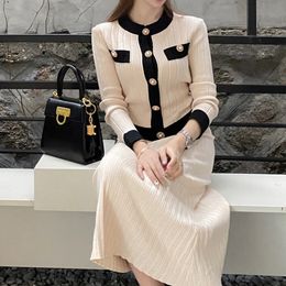 Work Dresses 2022 Elegant Ladies Knitted 2 Piece Set Women Spring Pearl Single Breasted Sweater Cardigan Long Pleated Skirt SuitWork