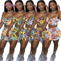 Women's Tracksuits Fitness Bandana Print Sweatsuit Two Piece Sets Casual Paisley Straps Vest Tank Tops Bikers Shorts Pants Outfit Sporty Tra