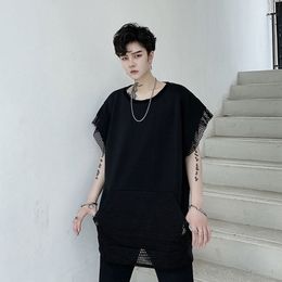 Men's T-Shirts T-shirt 2022 Summer Fashion Men's Hem Seam Pocket Design Hollow Mesh Casual T Sleeveless ShoulderMen's