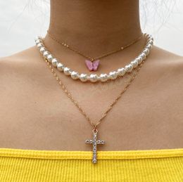 Boho Multilayer Cute Pink Butterfly Rhinestone Cross Pendant Necklace Women's Pearl Beaded Girls Fashion Wedding Jewelry